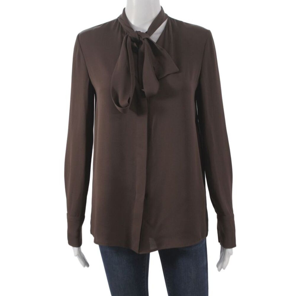 Valentino Womens Silk Collared Long Sleeve Basic Blouse Brown Size 38